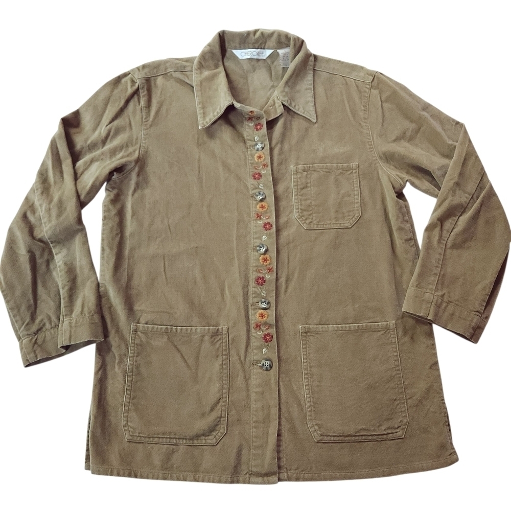 Vintage Cherokee Chore Shacket Embroidered Floral Oversized Jacket Sz S